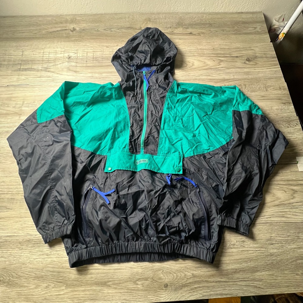 Columbia Windbreaker Mens Teal Navy Blue Colorblock‎ Vintage Hooded Pullover P70